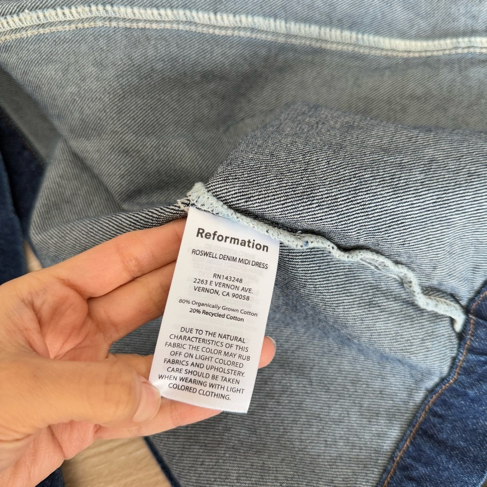 Reformation 10 Roswell Denim Midi Dress Organic Cotton Fitted Business Casual - Picture 7 of 10
